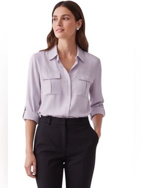 Talbots Pink Lavender 100% Silk Button Up Utility Shirt Blouse Pastel 6P Small